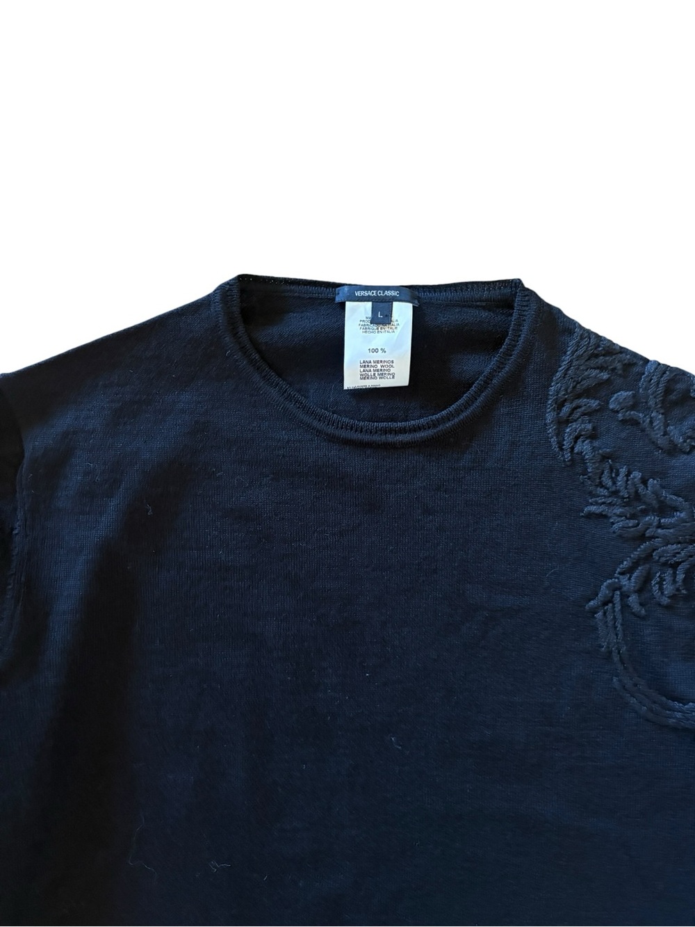 90s VTG Archive Versace Classic 100% Merino Wool Embroidered Shoulder Sweater L - Picture 6 of 14